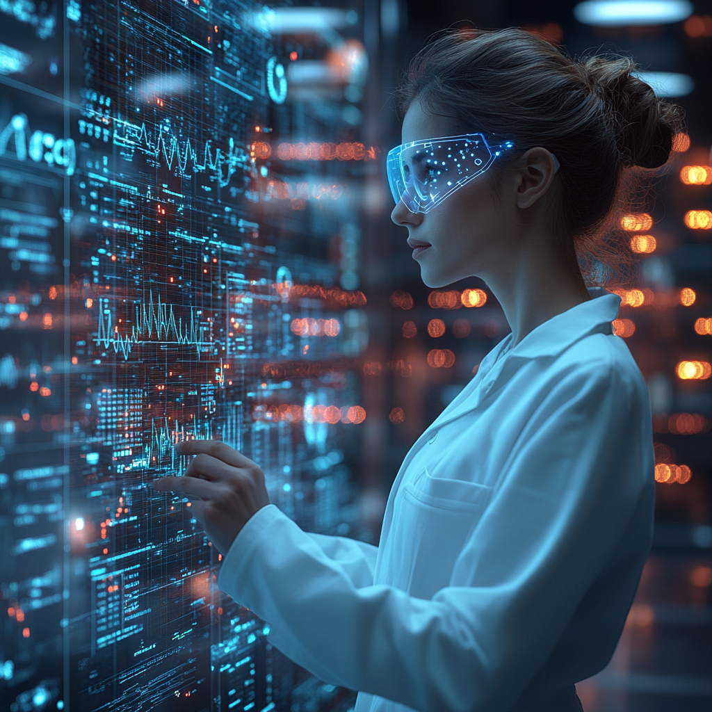 Doctor analyzing AI-powered health data on holographic screen
