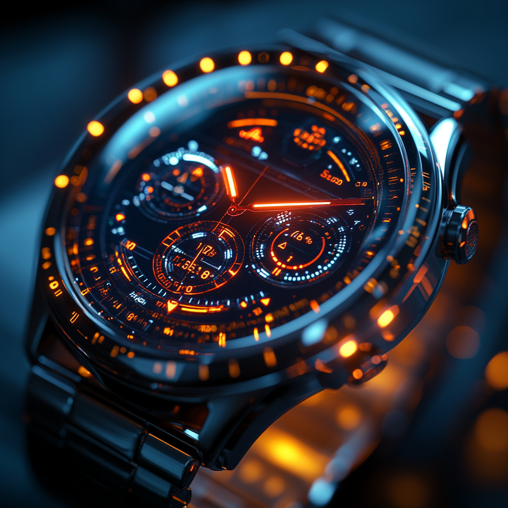 Futuristic AI-powered smartwatch showing health vitals